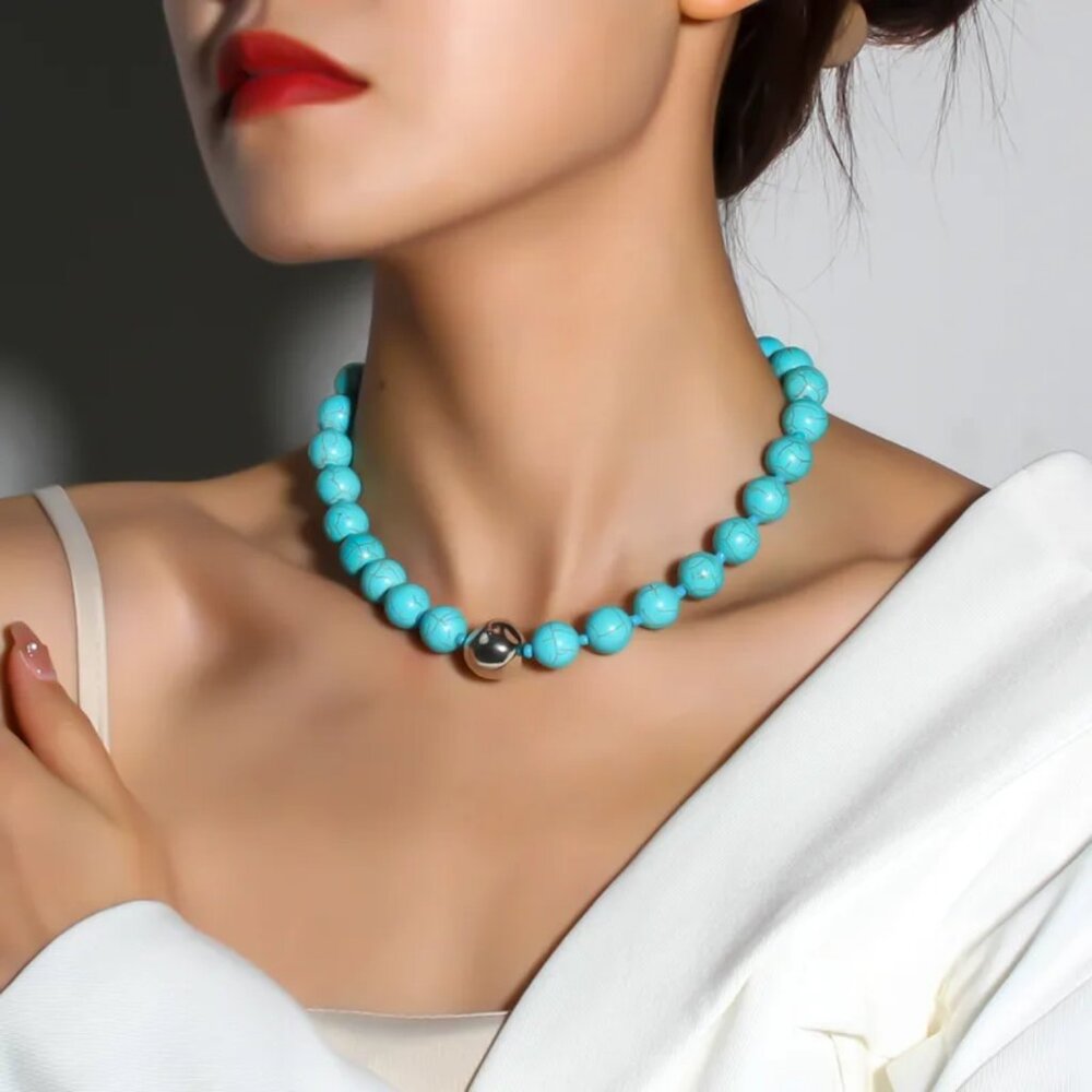 NEW Minimalist Turquoise Blue and Silver Plated Beaded Classic Necklace